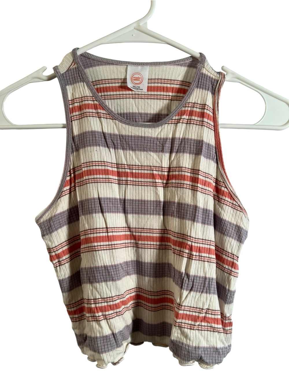 Wonder Nation Girls Sz XXL 18 Ribbed Tank Top Cream Purple Coral Stripes Lettuce